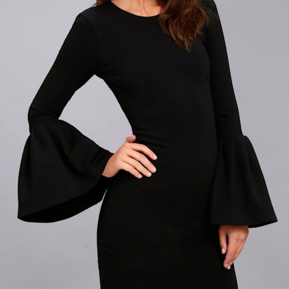 Lulus Double Flair Black Long Sleeve Bodycon Dress - Size X-Small - Picture 1 of 1